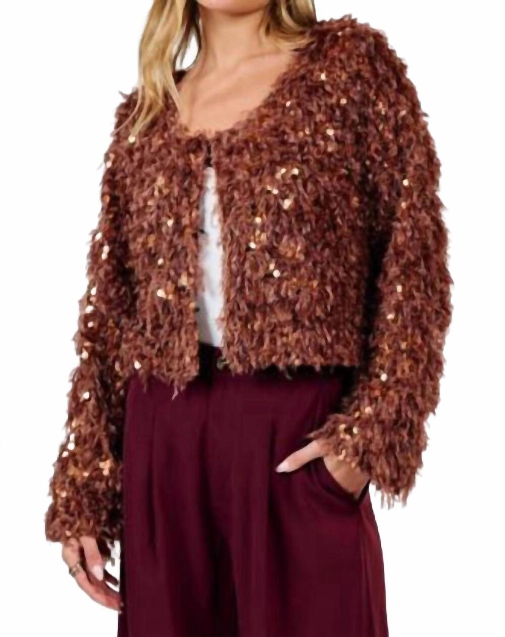 NEW SADIE & SAGE faux fur and sequin jacket in brown